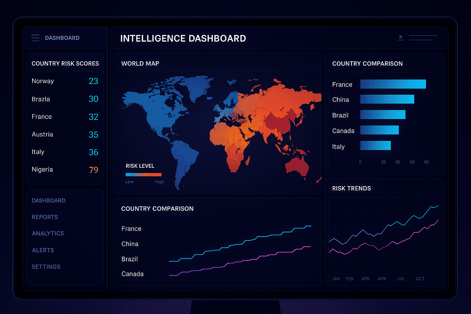 TravelRisk Pro dashboard showing multi-source country risk data